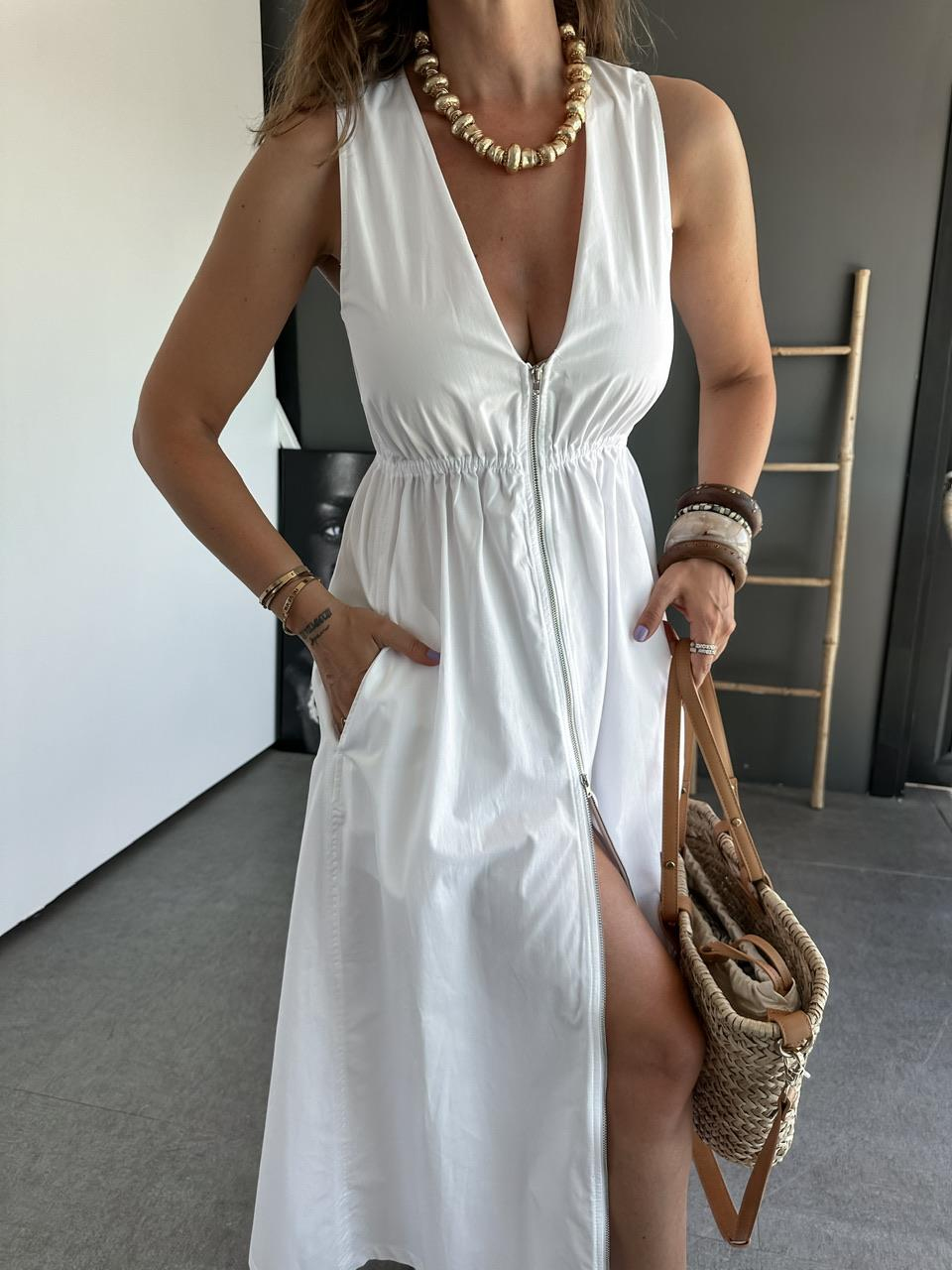 Beyaz Fermuarlı Beli Lastikli Orijinal Elbise