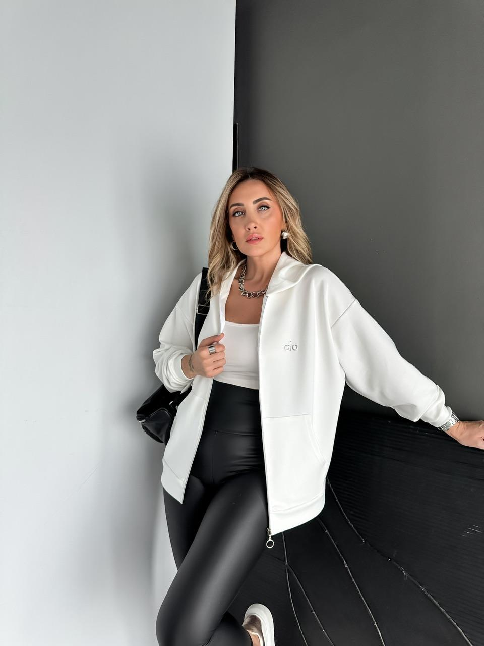 Beyaz Fermuarlı Kapşonlu Alo Sweatshirt