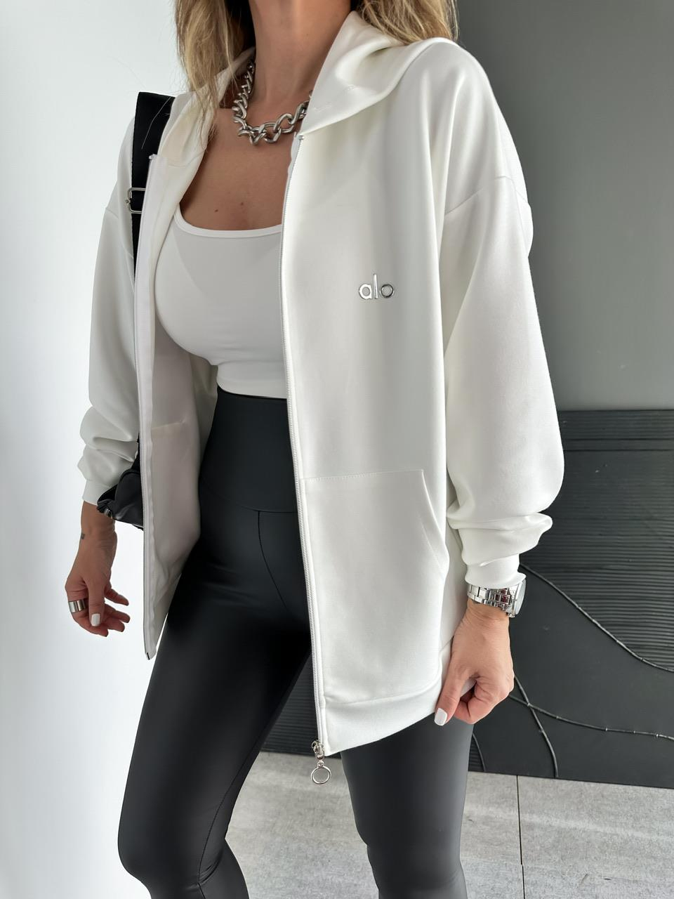 Beyaz Fermuarlı Kapşonlu Alo Sweatshirt