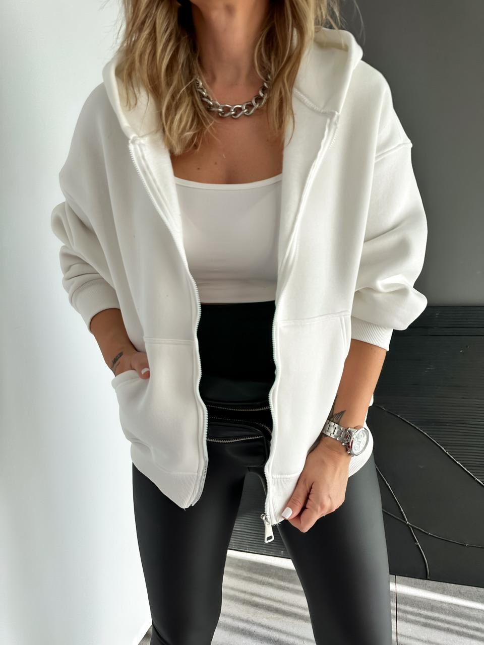 Beyaz Fermuarlı Şardonlu Sweatshirt