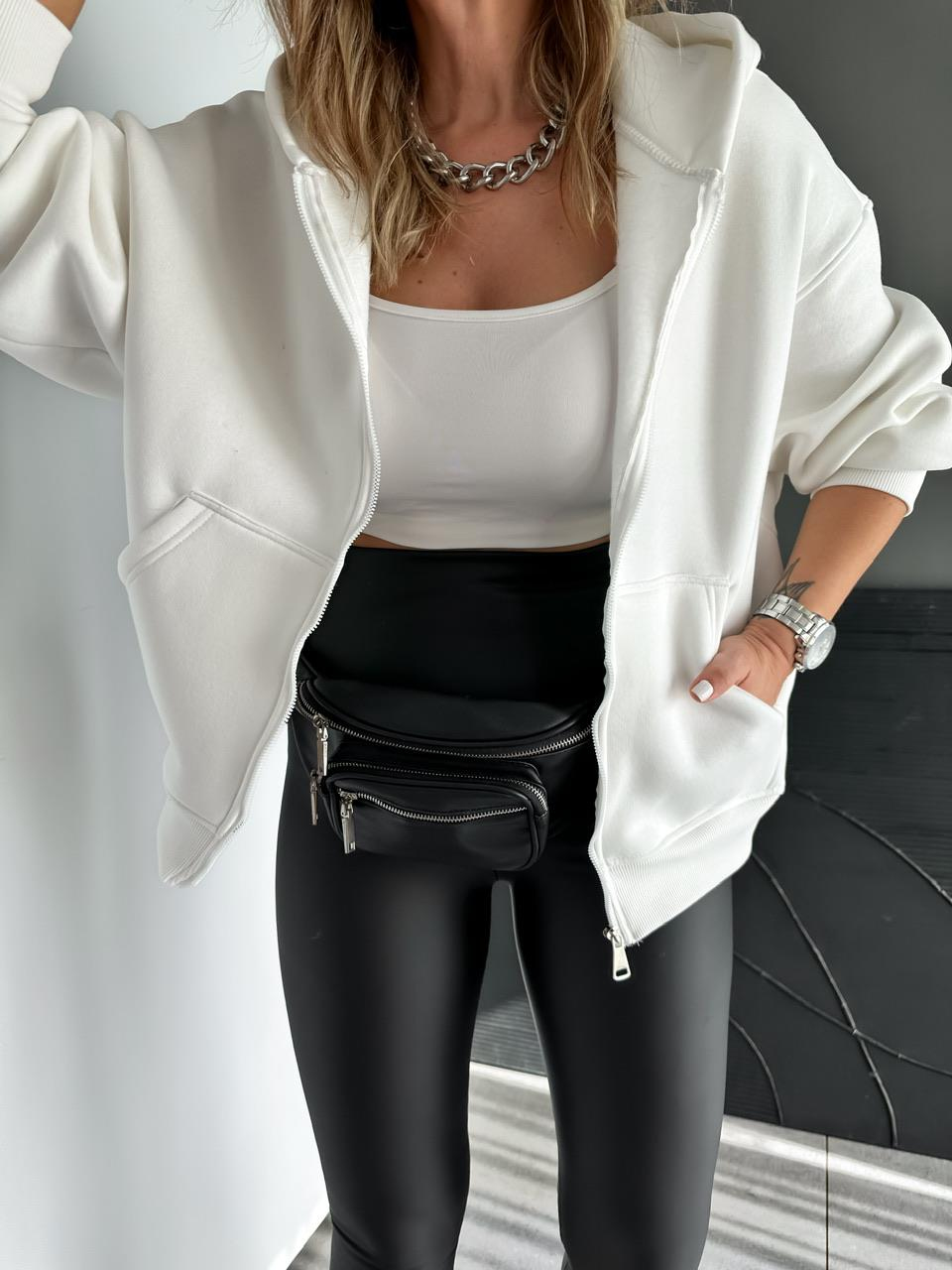 Beyaz Fermuarlı Şardonlu Sweatshirt