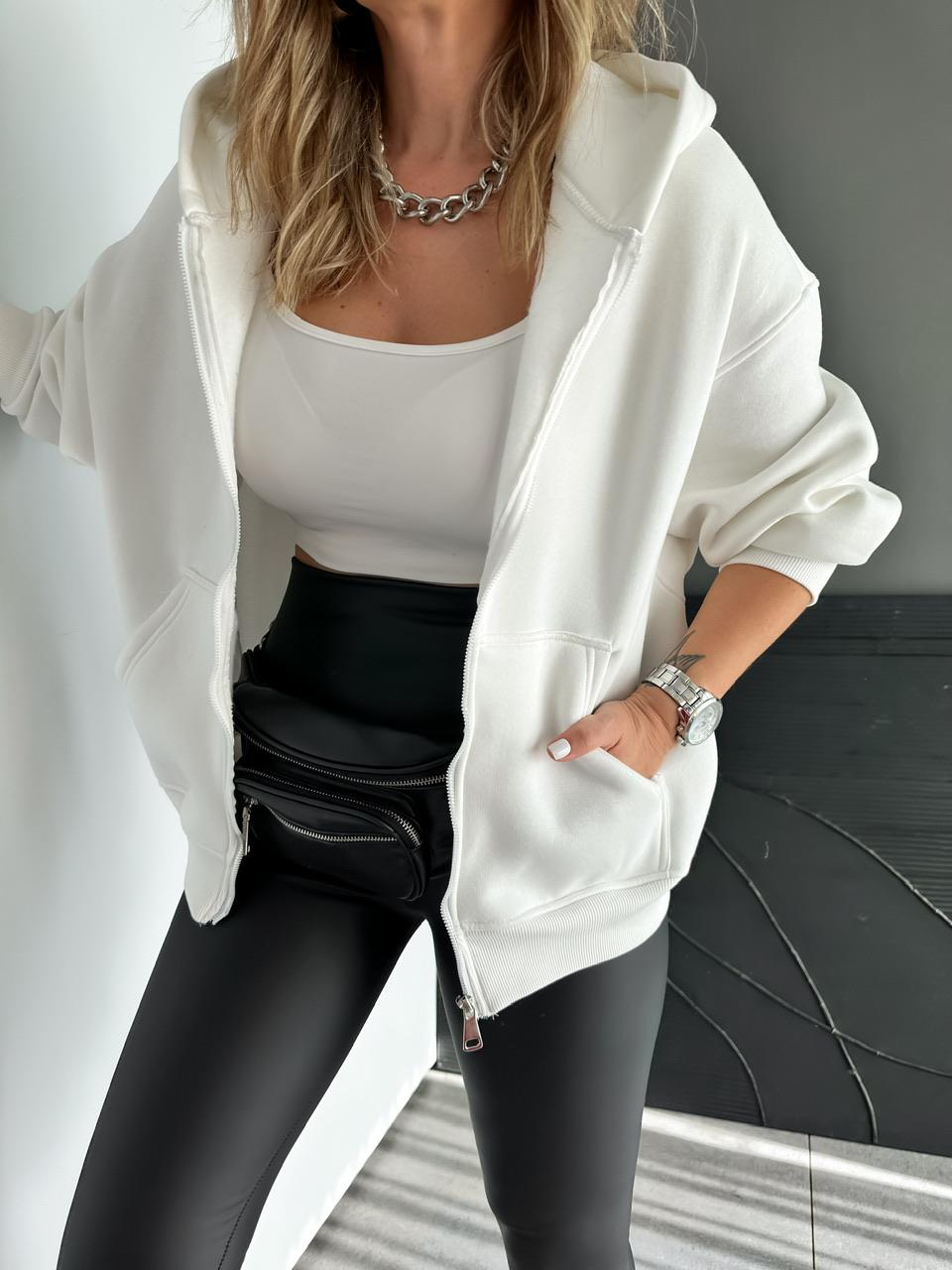 Beyaz Fermuarlı Şardonlu Sweatshirt