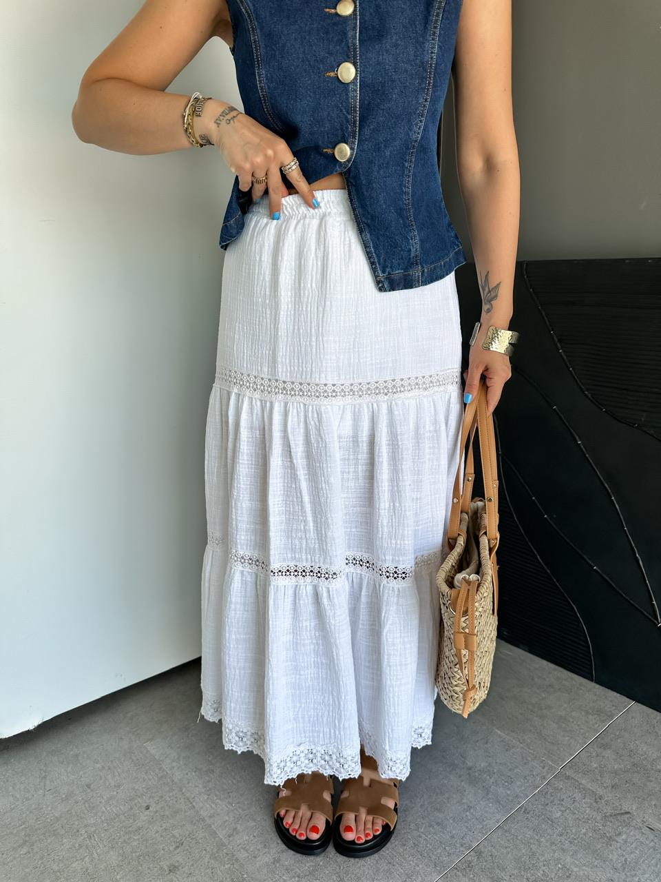 Beyaz Fistolu Astarlı Keten Etek
