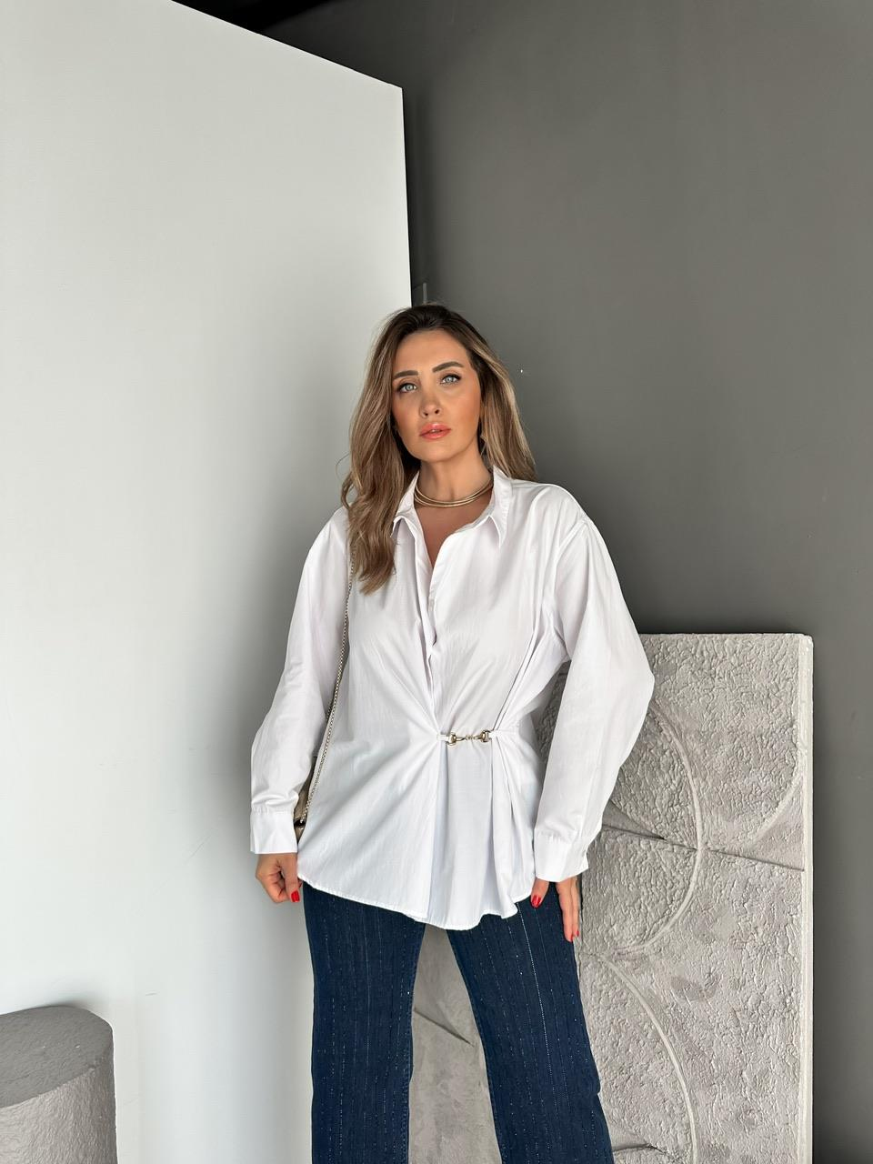 Beyaz Gold Aksesuarlı Poplin Gömlek
