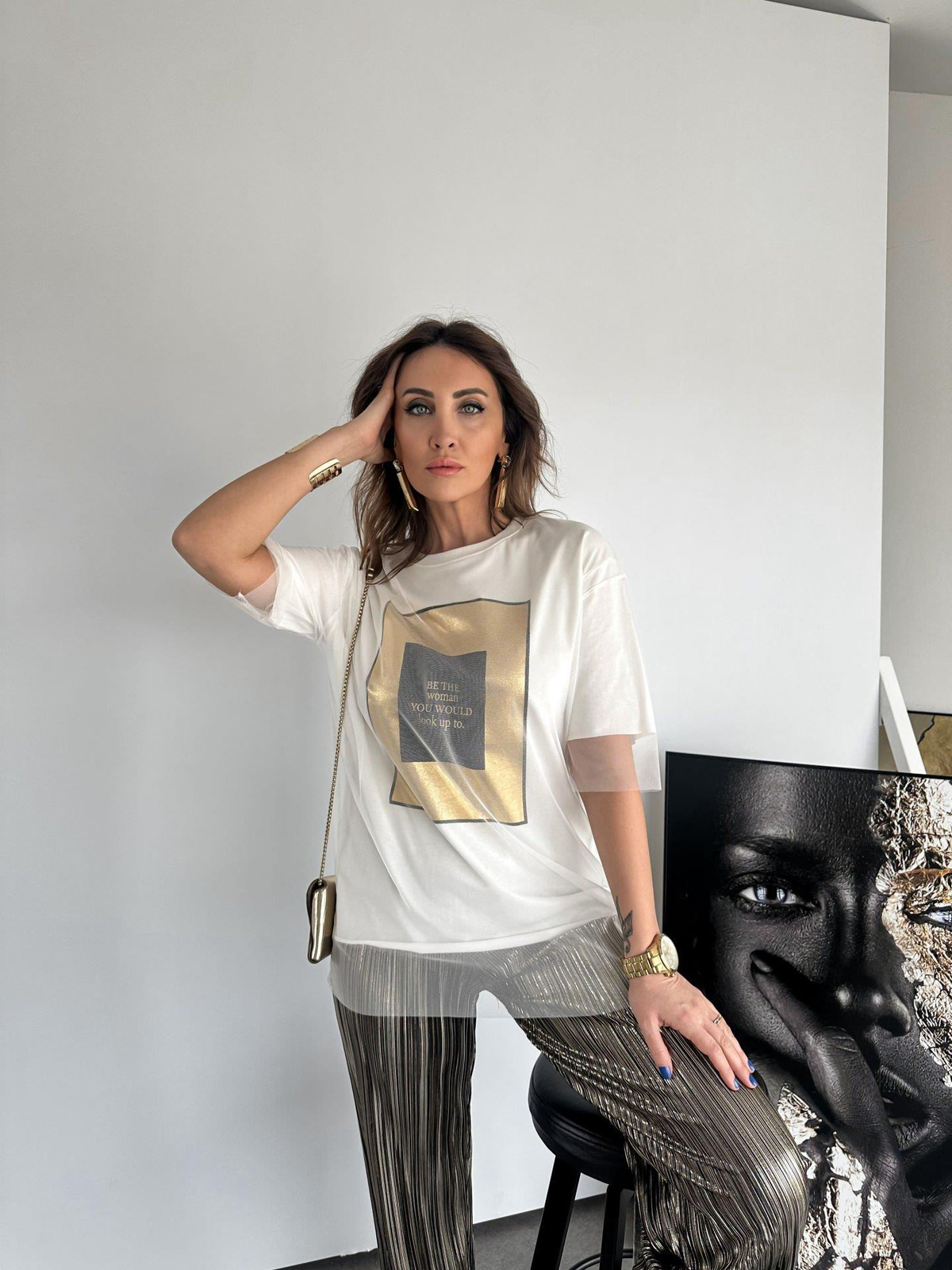 Beyaz Gold Baskılı Tüllü Tshirt
