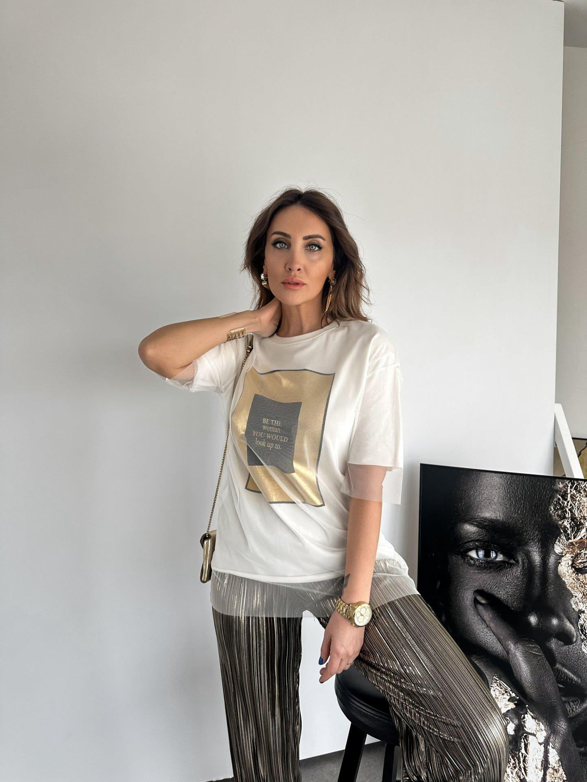 Beyaz Gold Baskılı Tüllü Tshirt
