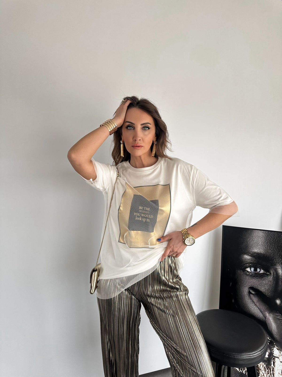 Beyaz Gold Baskılı Tüllü Tshirt