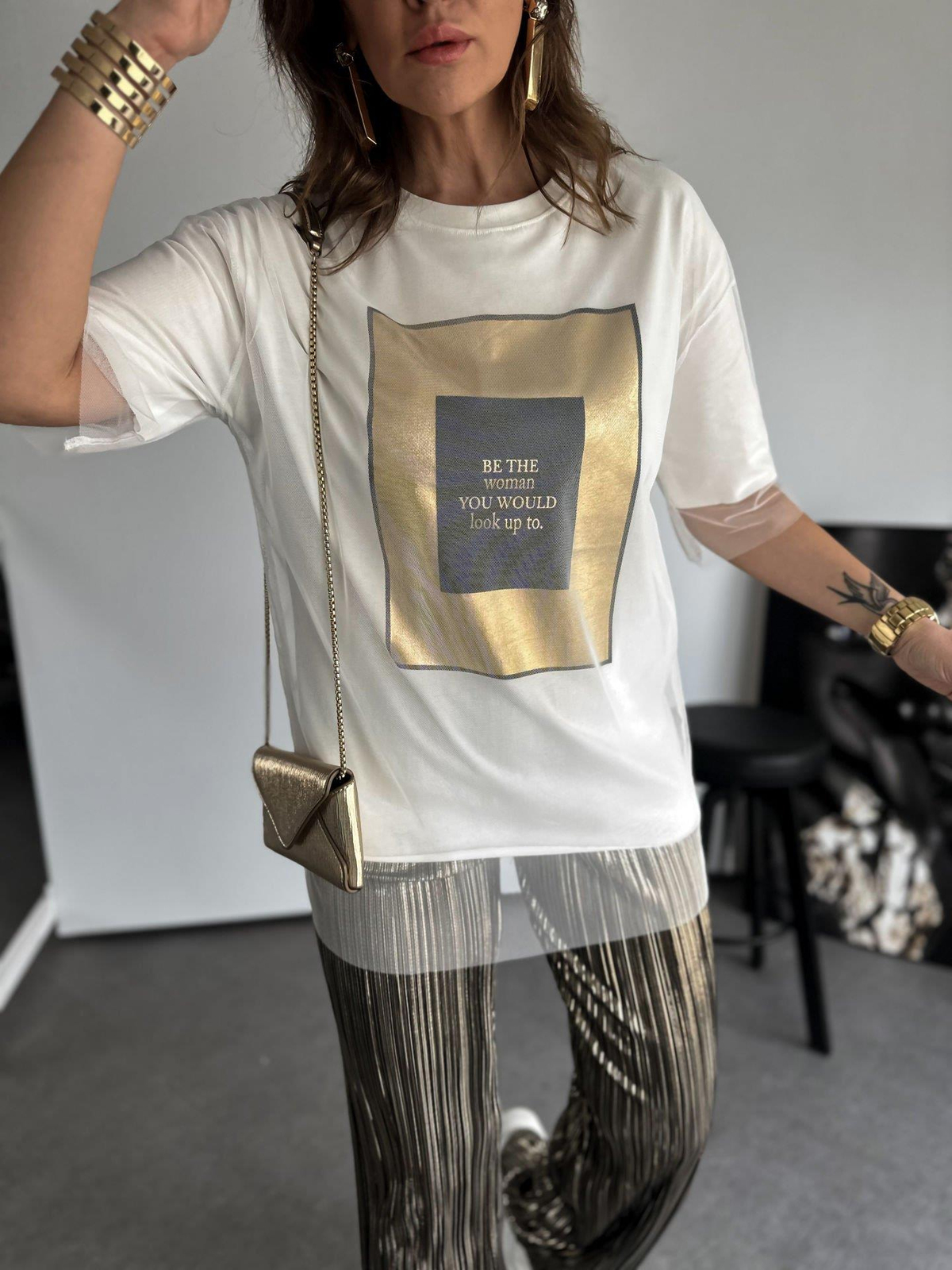 Beyaz Gold Baskılı Tüllü Tshirt