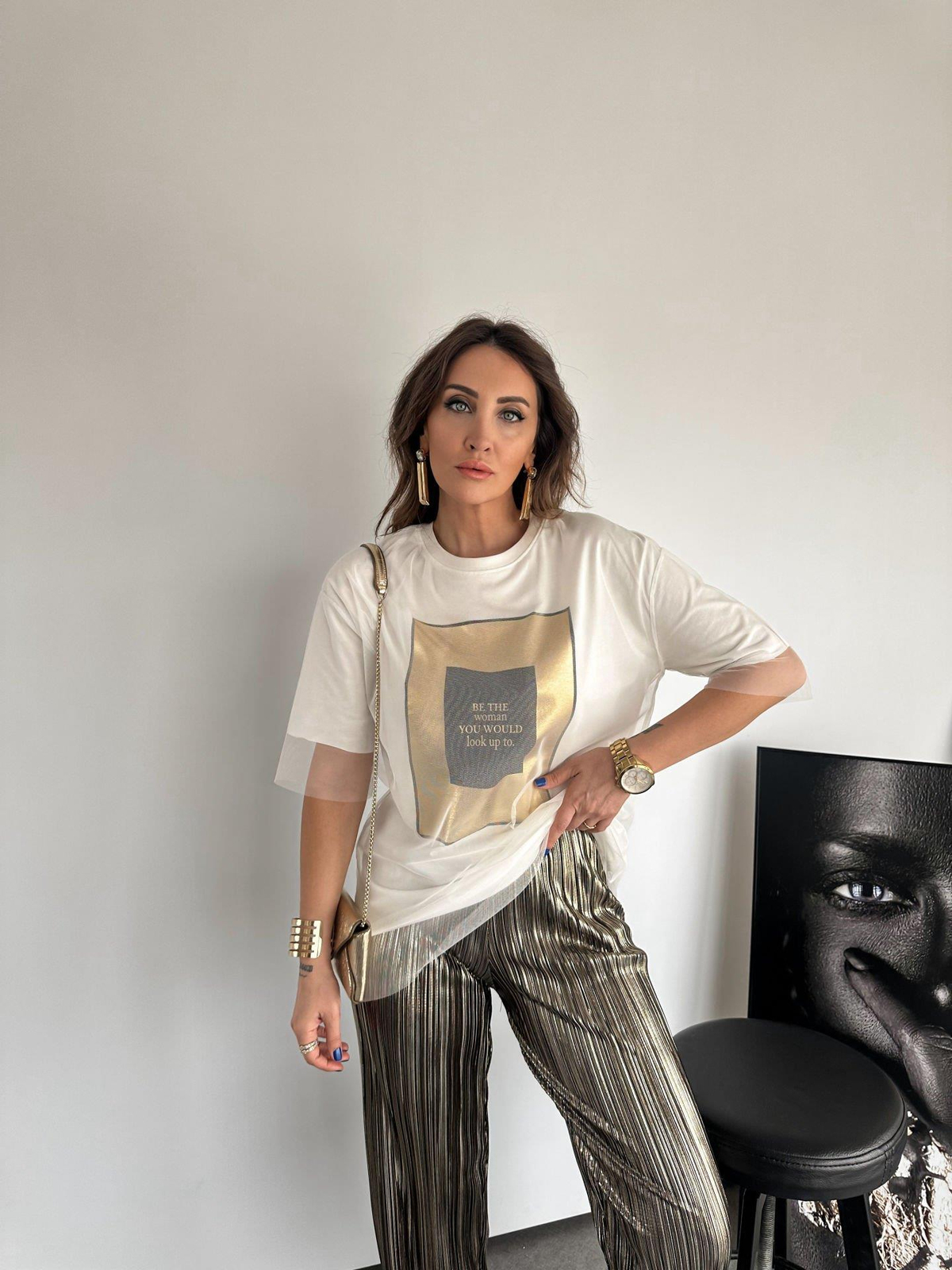 Beyaz Gold Baskılı Tüllü Tshirt