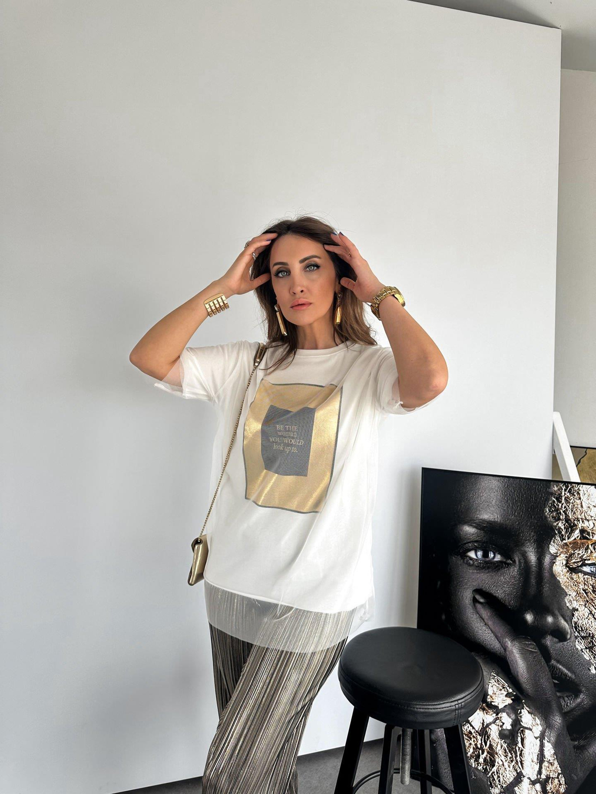 Beyaz Gold Baskılı Tüllü Tshirt