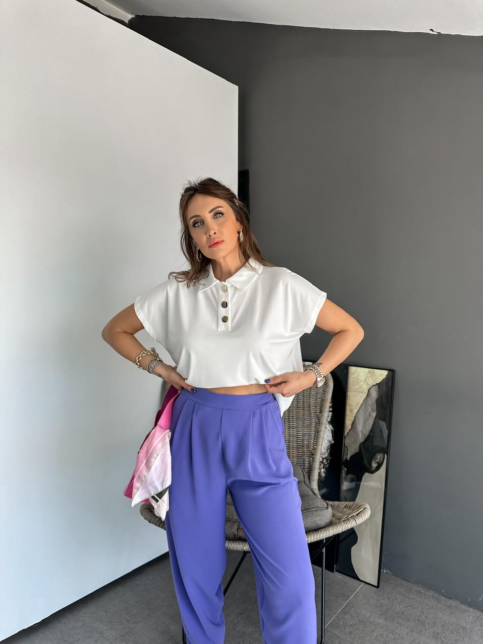 Beyaz Gold Düğmeli Modal Tshirt