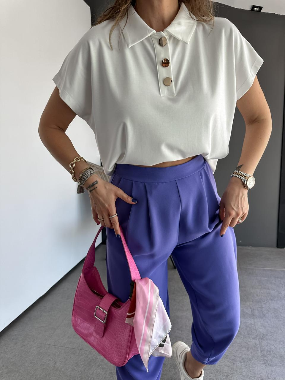 Beyaz Gold Düğmeli Modal Tshirt