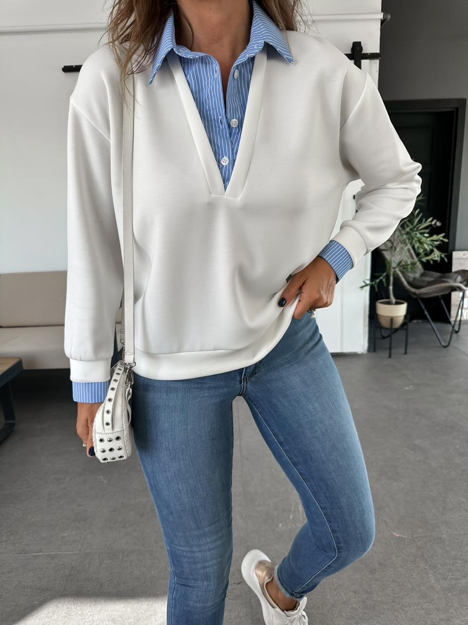 Beyaz Gömlek Yakalı Sweatshirt