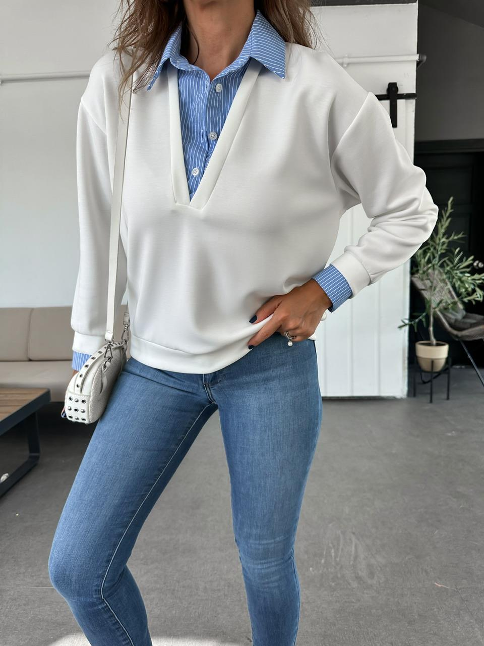 Beyaz Gömlek Yakalı Sweatshirt