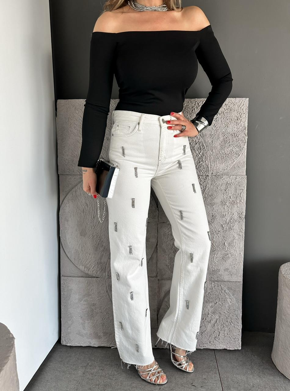 Beyaz Gümüş Taşlı Orijinal Jean