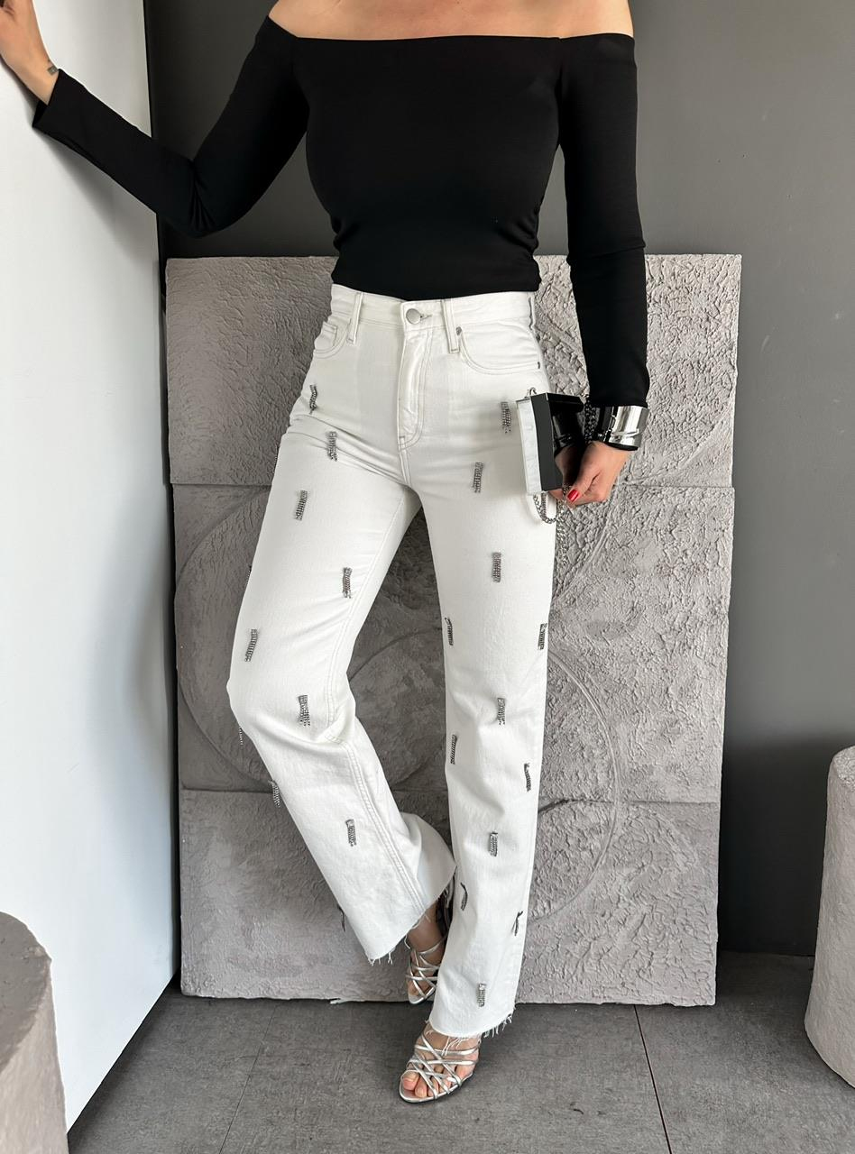 Beyaz Gümüş Taşlı Orijinal Jean