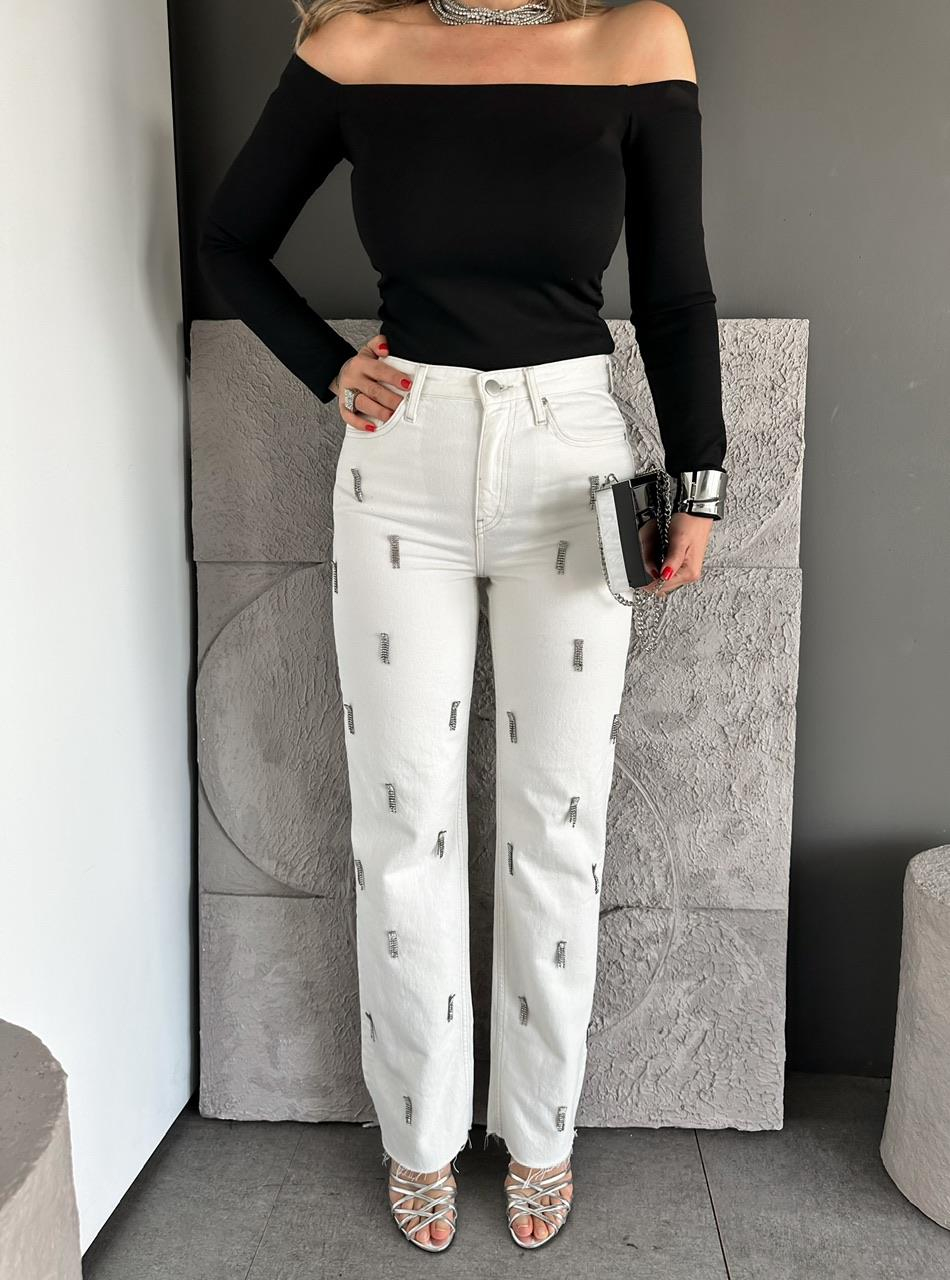 Beyaz Gümüş Taşlı Orijinal Jean
