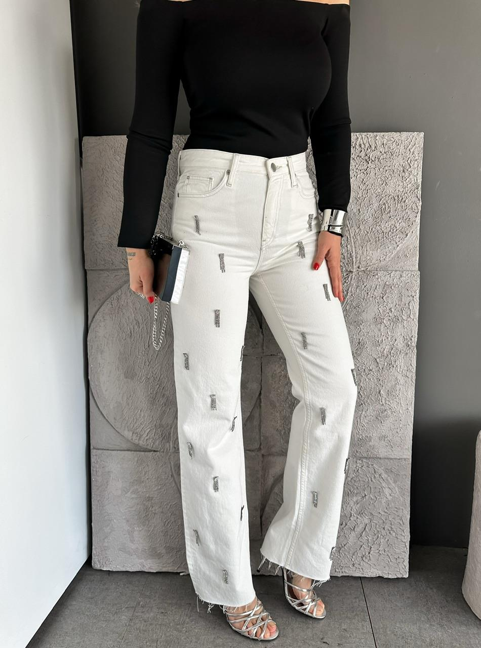 Beyaz Gümüş Taşlı Orijinal Jean
