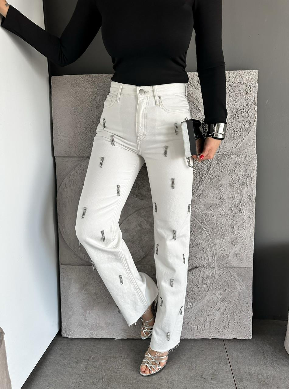 Beyaz Gümüş Taşlı Orijinal Jean