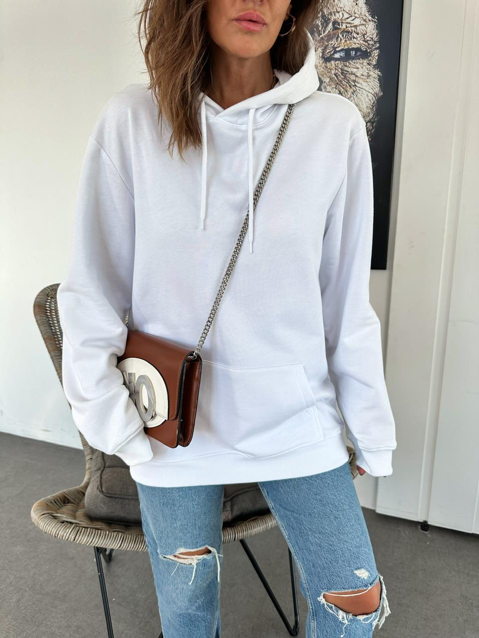 Beyaz Kapşonlu Cotton  Sweatshirt
