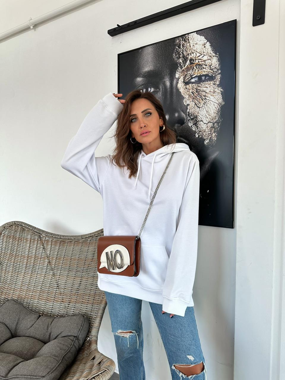 Beyaz Kapşonlu Cotton  Sweatshirt