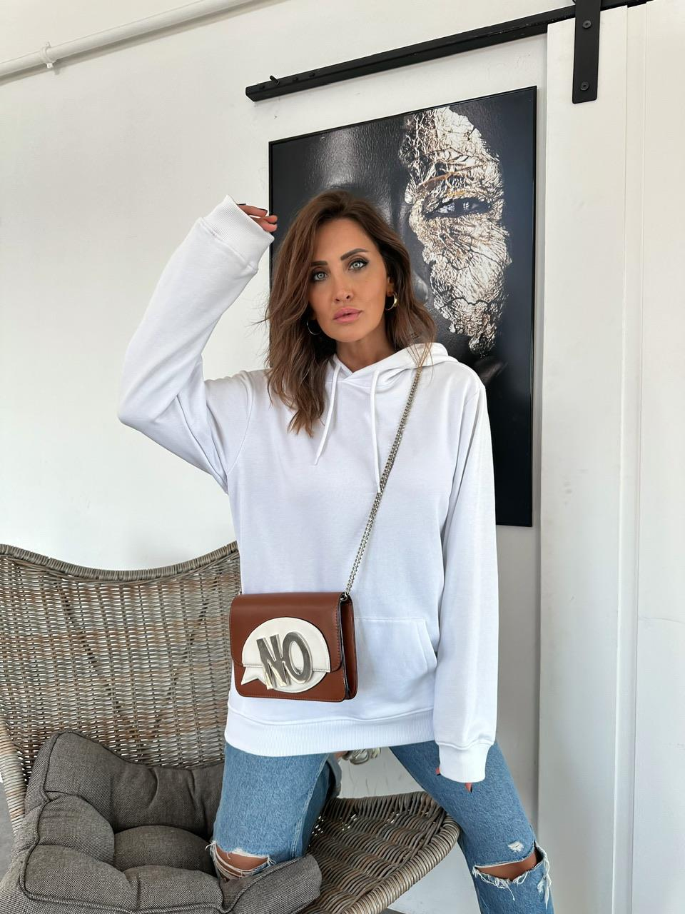 Beyaz Kapşonlu Cotton  Sweatshirt