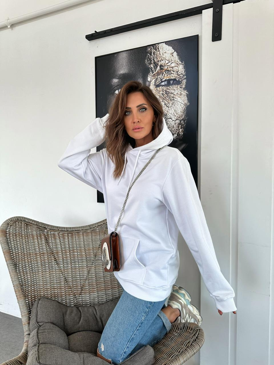 Beyaz Kapşonlu Cotton  Sweatshirt