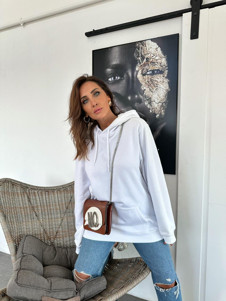 Beyaz Kapşonlu Cotton  Sweatshirt