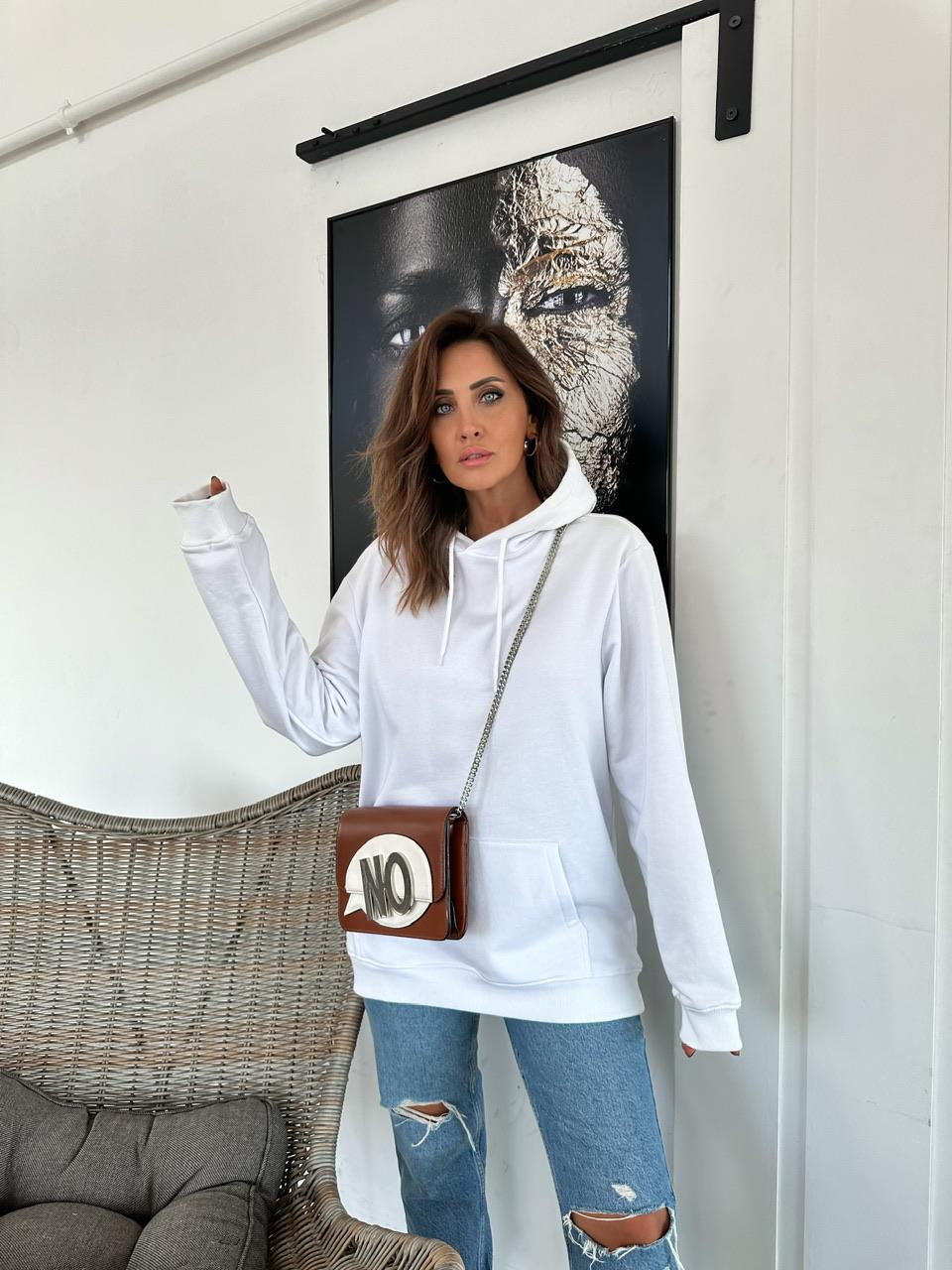 Beyaz Kapşonlu Cotton  Sweatshirt