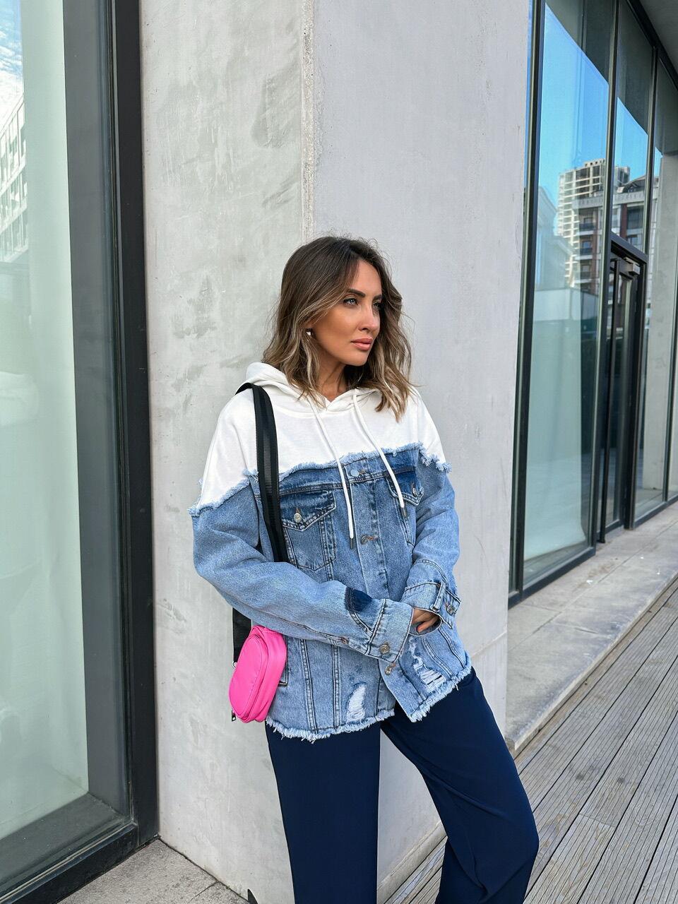 Beyaz Kapşonlu Kot Sweatshirt