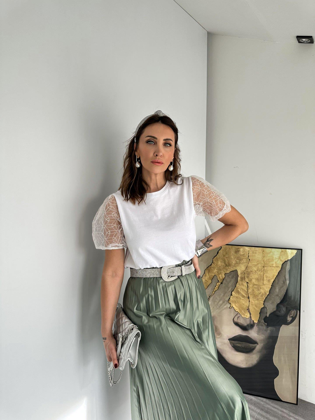 Beyaz Kolları Tül Tshirt