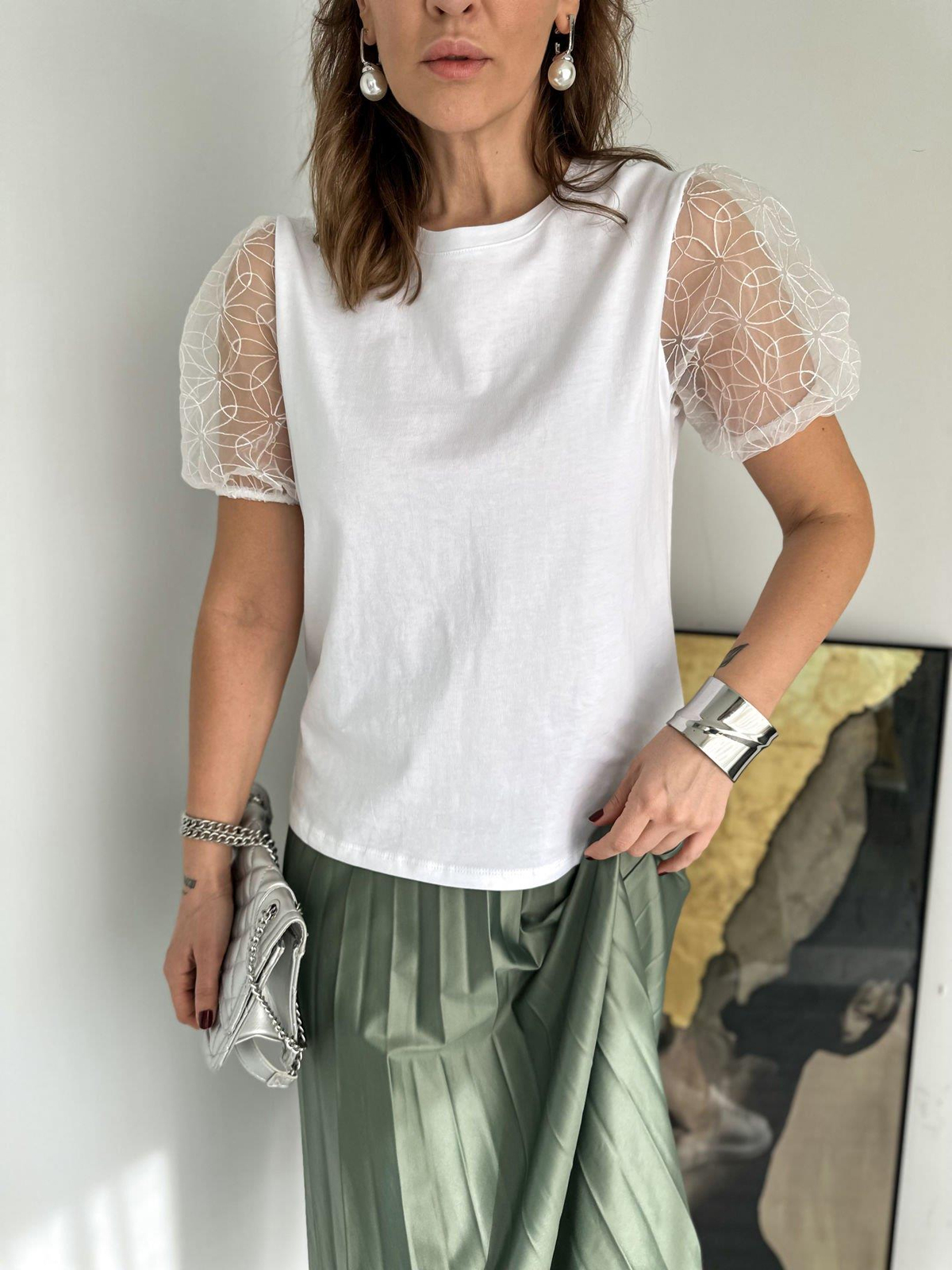 Beyaz Kolları Tül Tshirt