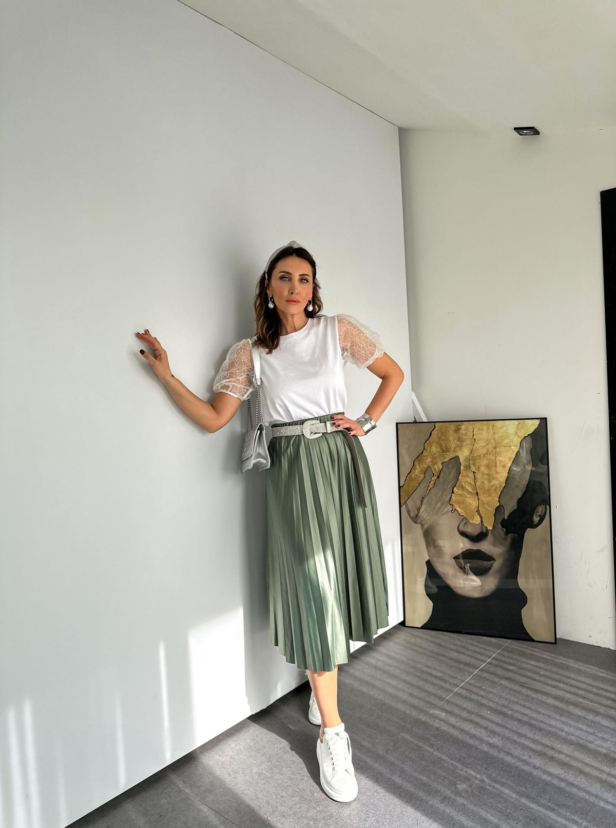 Beyaz Kolları Tül Tshirt