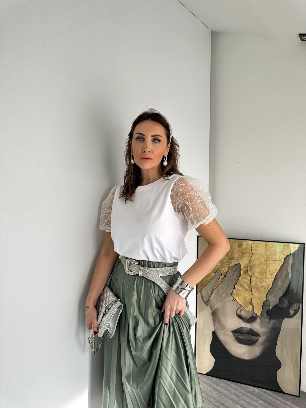 Beyaz Kolları Tül Tshirt