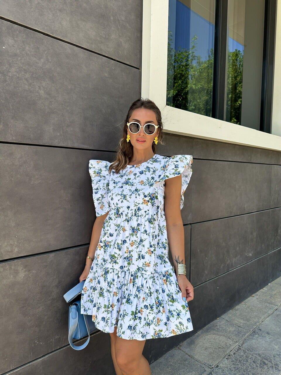 Beyaz Kolları Volanlı Çiçekli Elbise