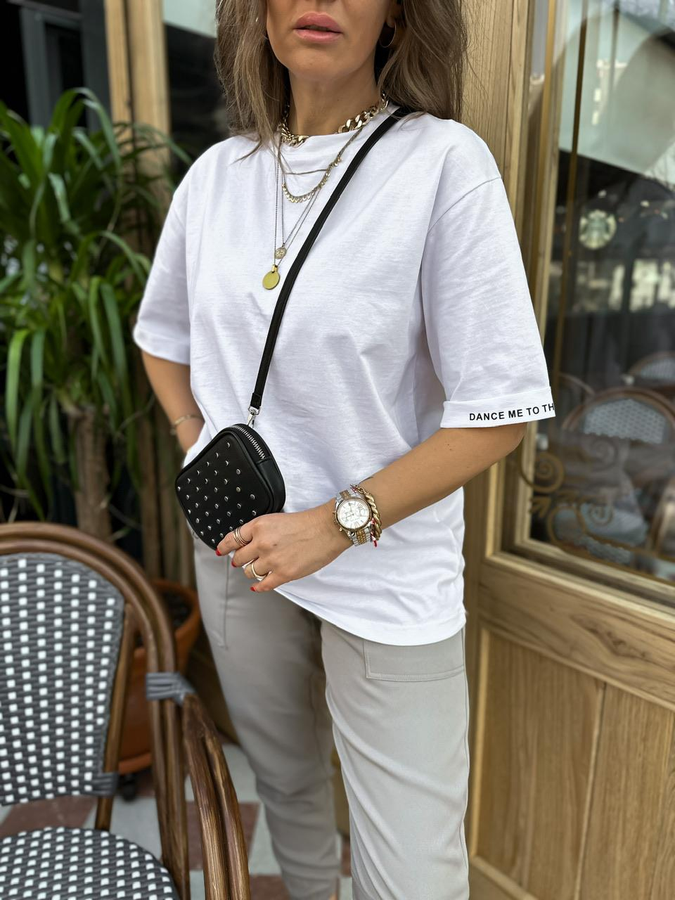 Beyaz Kolu Yazılı Cotton Tshirt