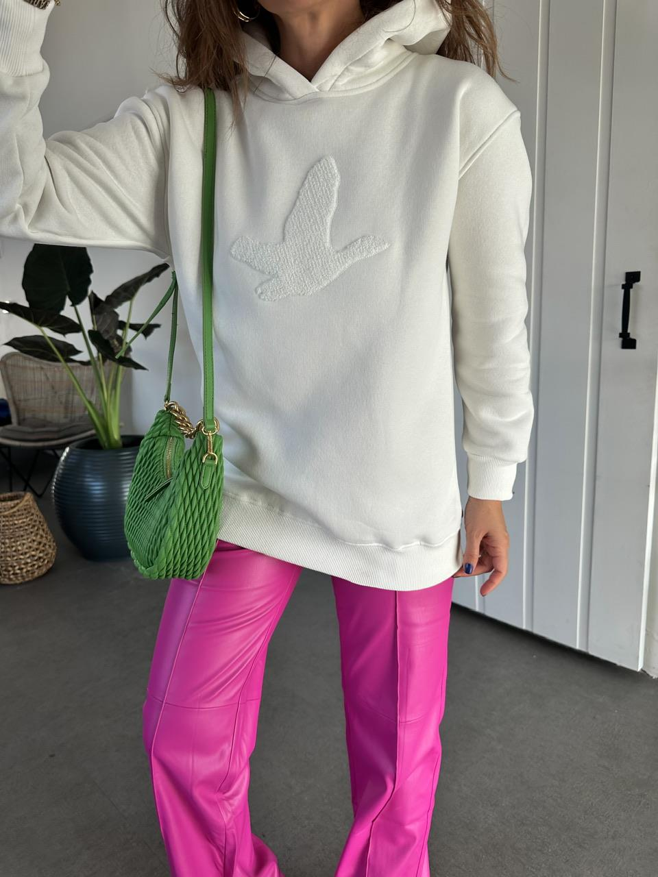 Beyaz Kuş Figürlü Kapşonlu Sweatshirt