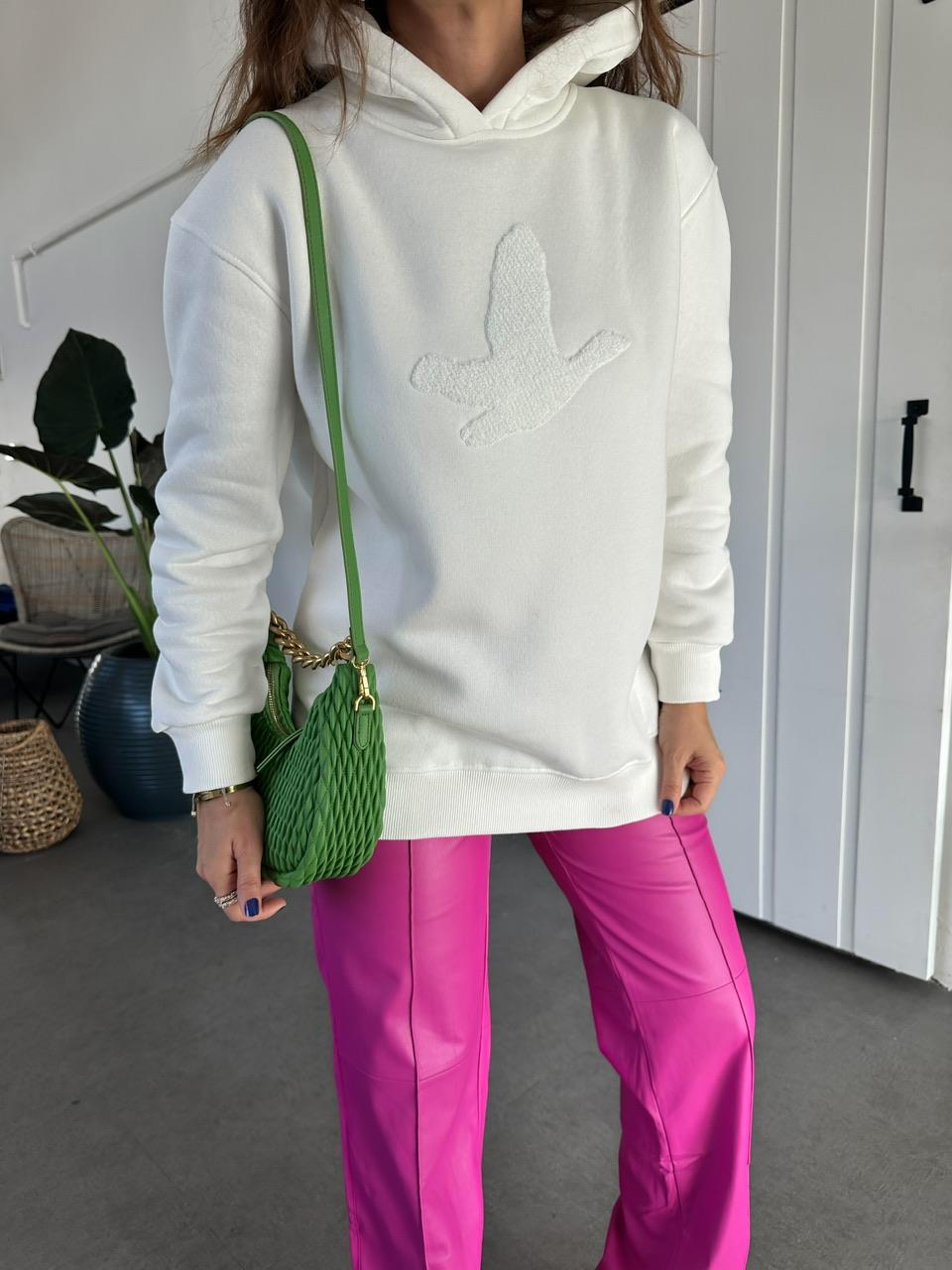Beyaz Kuş Figürlü Kapşonlu Sweatshirt