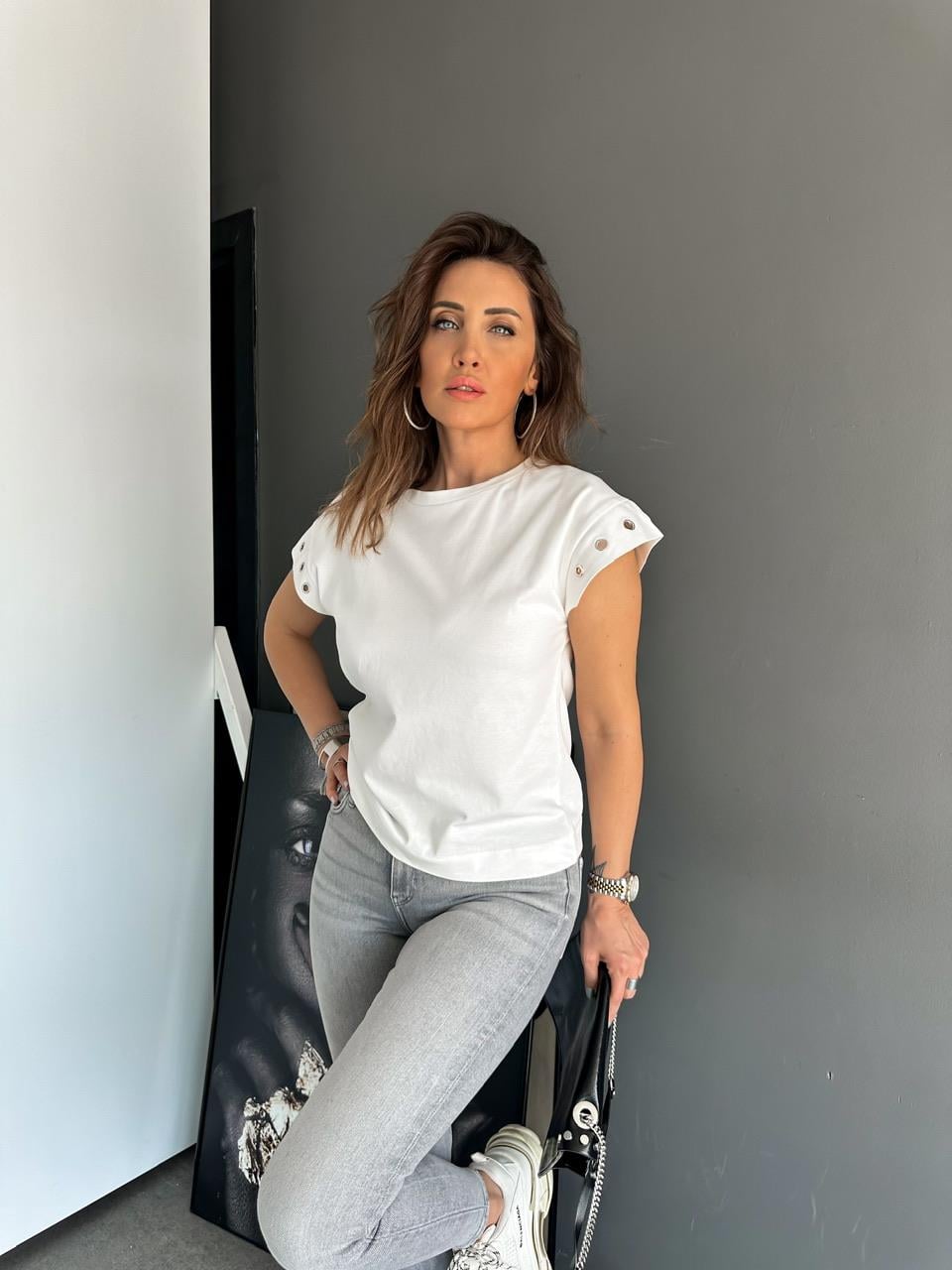 Beyaz Kuş Gözlü Cotton Tshirt