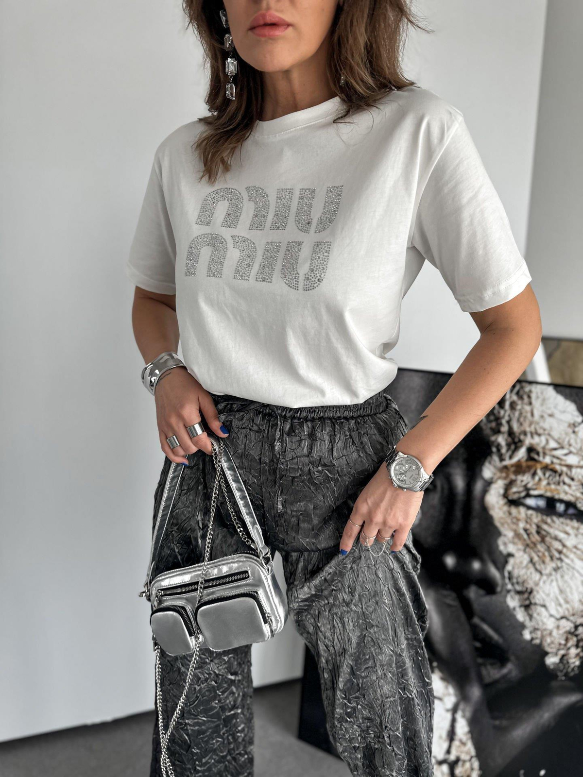 Beyaz Miu Taş Baskılı Tshirt