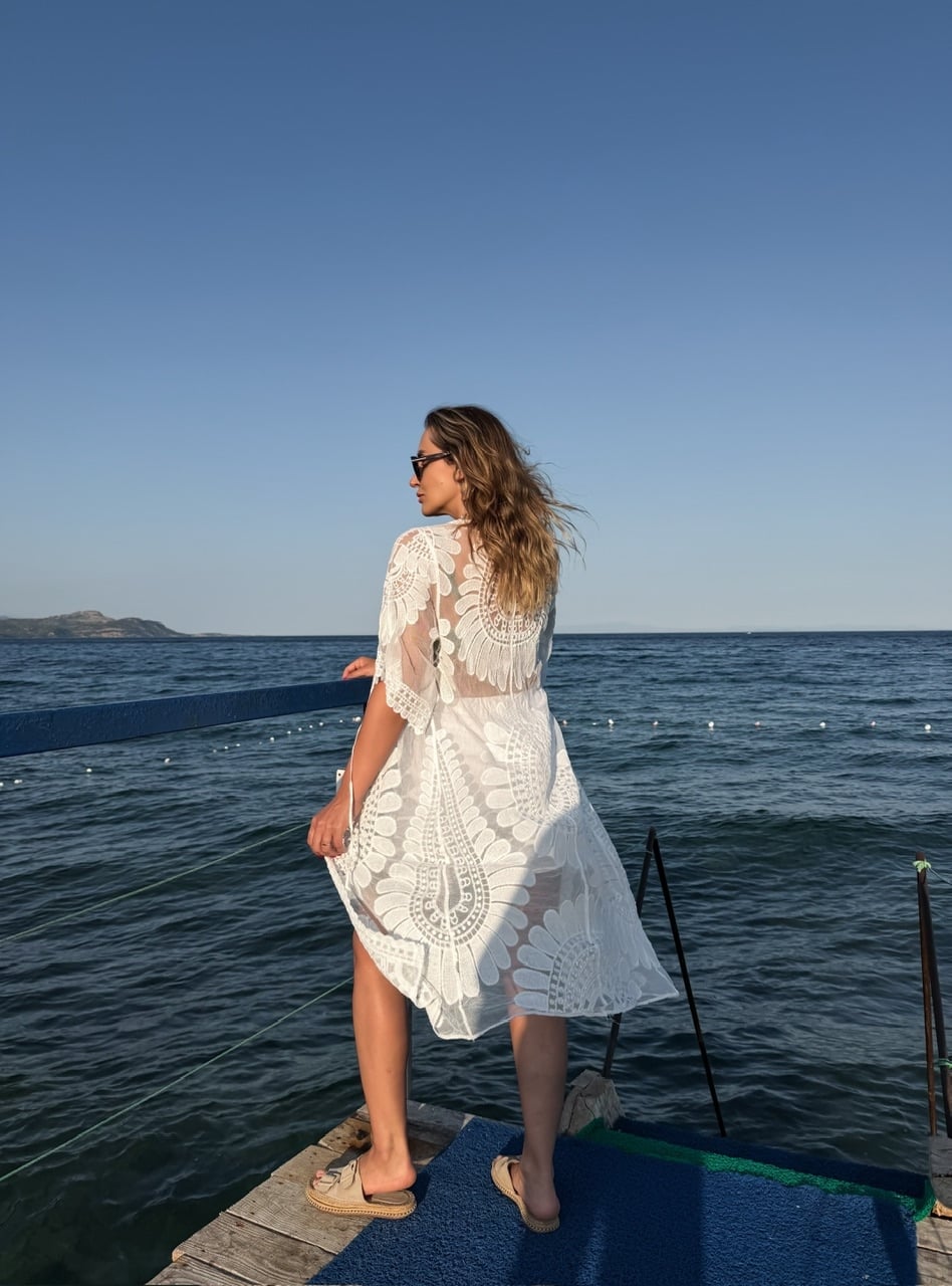 Beyaz Motifli Bohem Kimono 