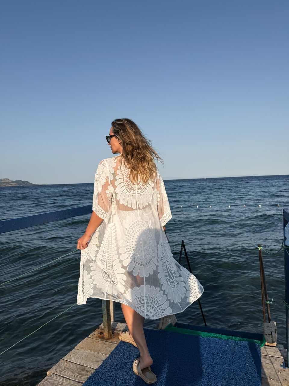 Beyaz Motifli Bohem Kimono 