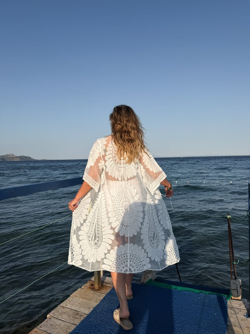 Beyaz Motifli Bohem Kimono 