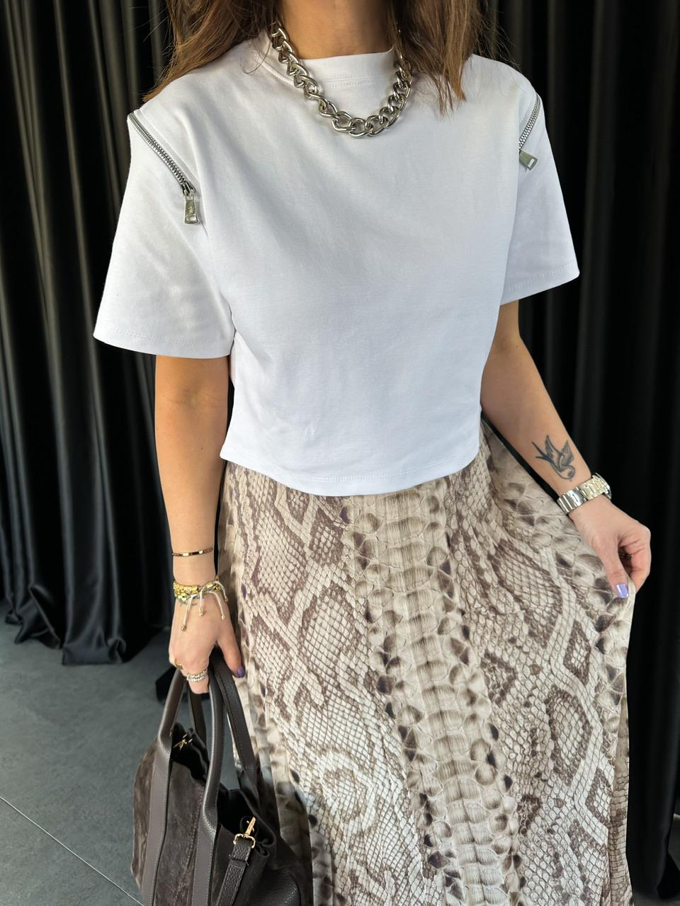 Beyaz Omuzları Fermuarlı Cotton Tshirt