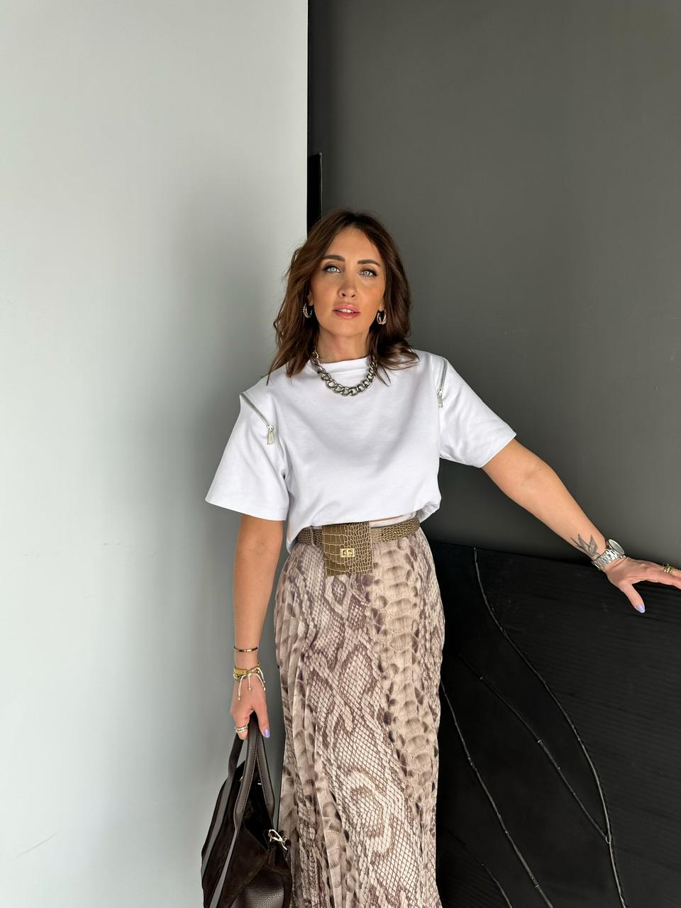 Beyaz Omuzları Fermuarlı Cotton Tshirt