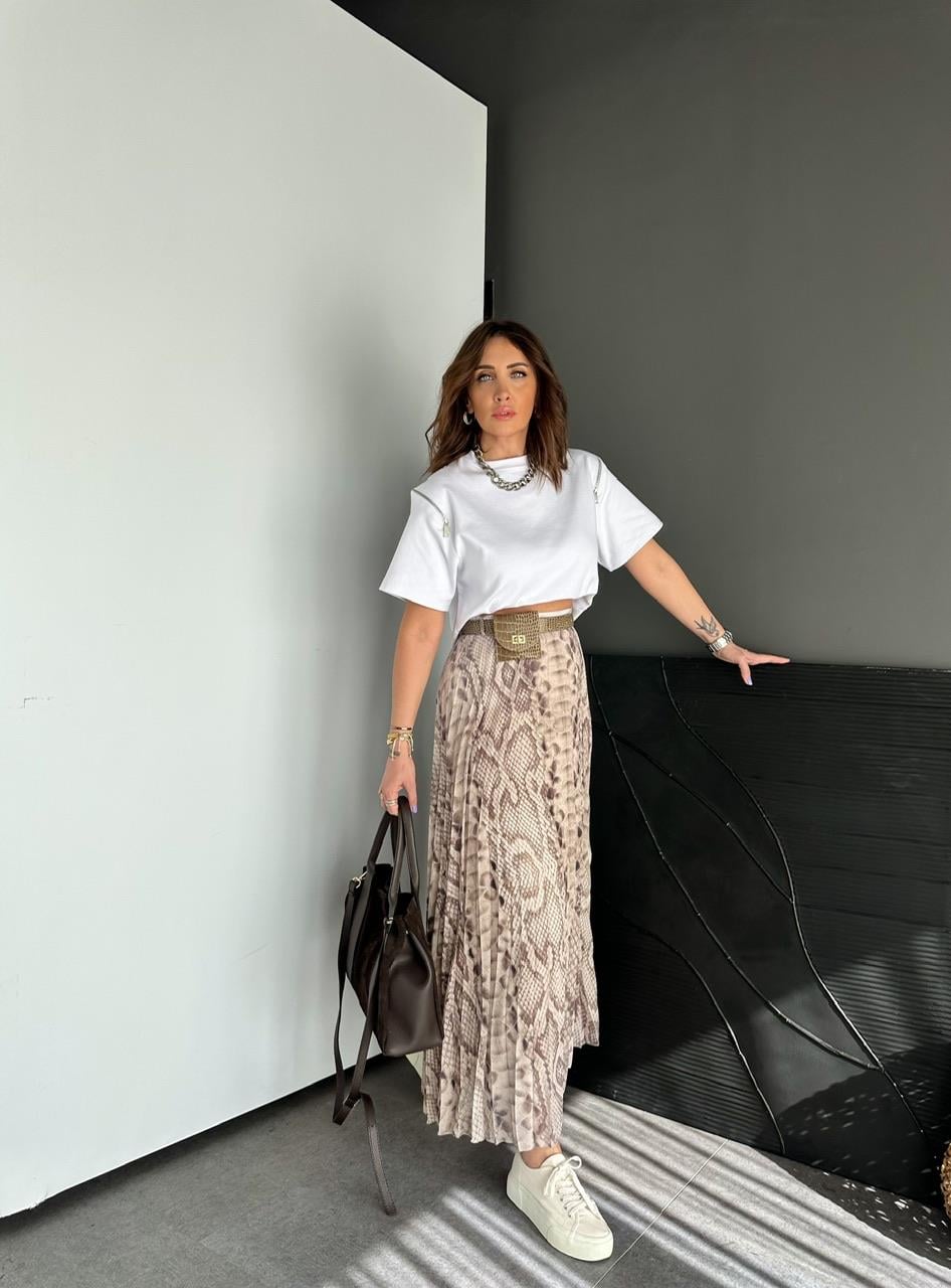 Beyaz Omuzları Fermuarlı Cotton Tshirt
