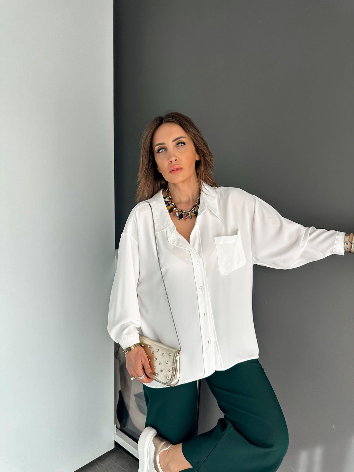 Beyaz Pamuk Saten Oversize Gömlek