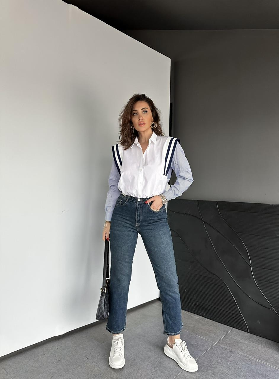 Beyaz Şeritli Strip Detaylı Gömlek 