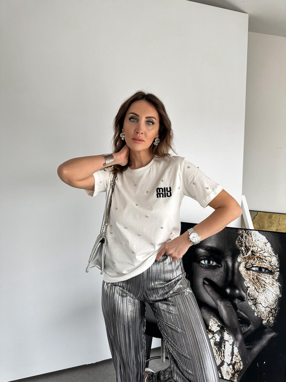 Beyaz Serpme Taşlı Miu Tshirt