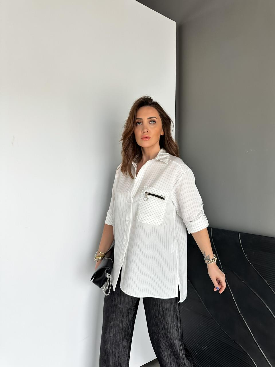 Beyaz Sırtı Fermuarlı Çizgili Gömlek